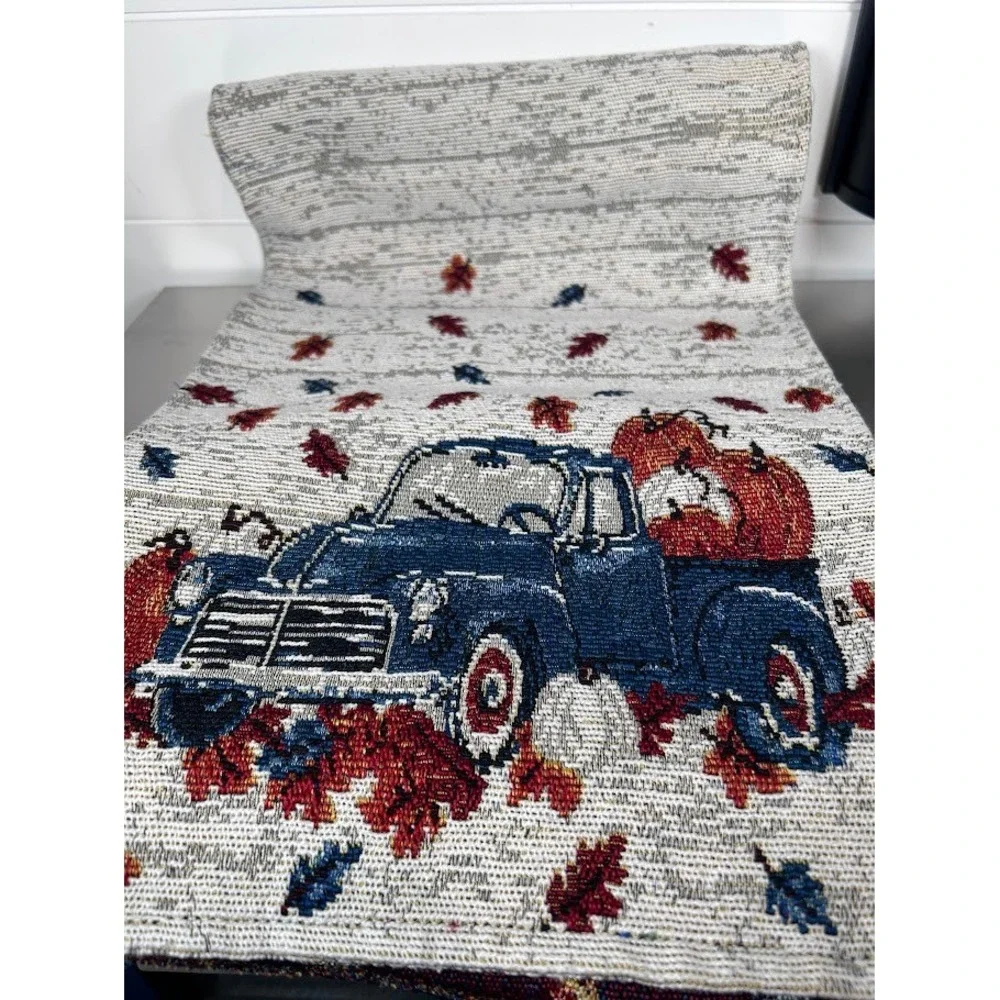 3 Pc Blue Truck Pumpkin Fall Leaves Table Runner Harvest Decor & 2 Placemats‎